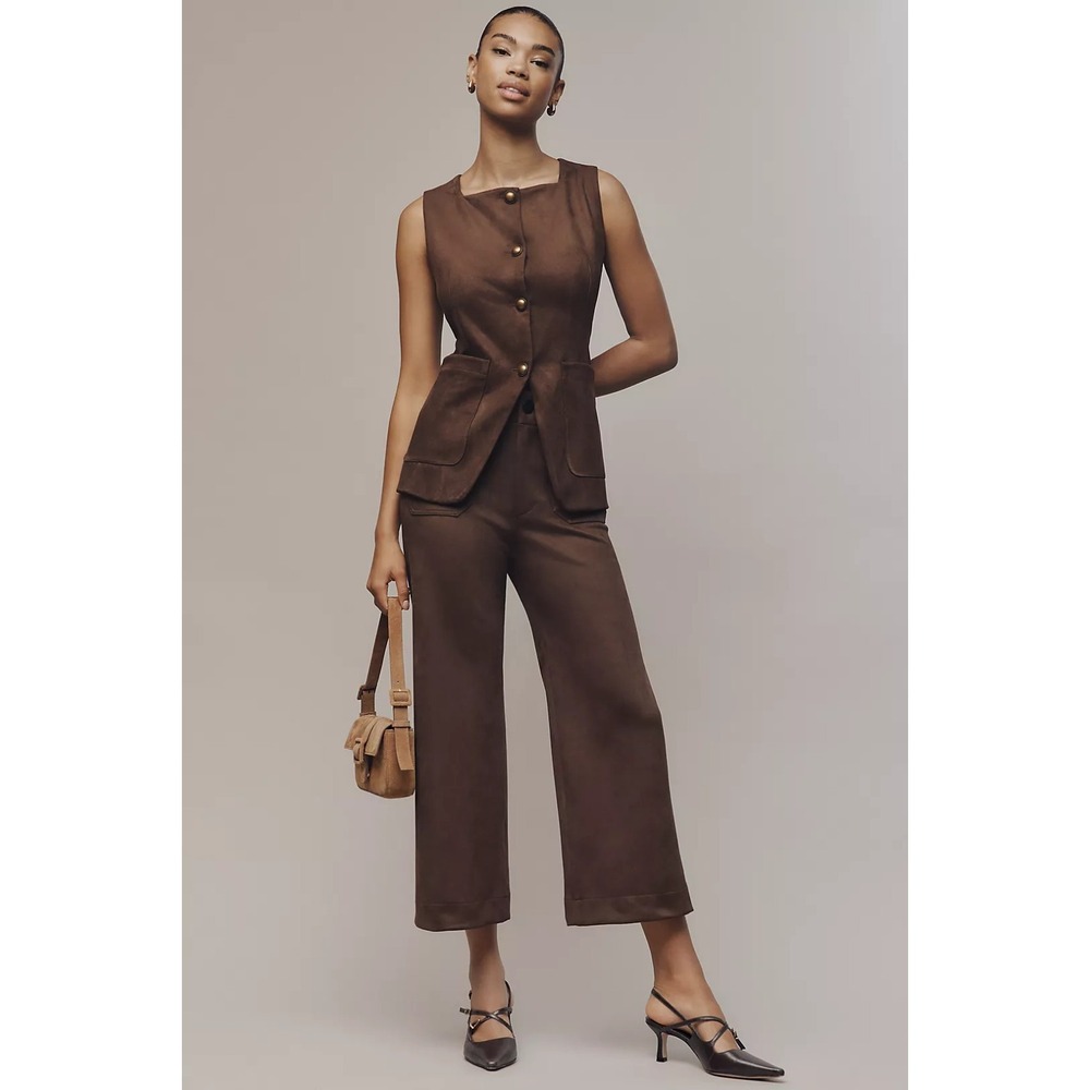Maeve‎ Anthropologie The Colette Crop Suede High-Rise Wide-Leg Pants Brown Sz 28